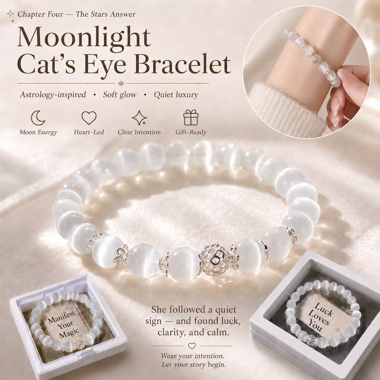 Moonlight Cat’s Eye Bracelet | Astrology-Inspired Moon Sign Jewelry – Silver Accents