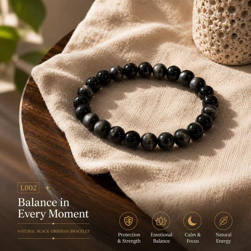 Balance in Every Moment | Natural Black Obsidian Bracelet – 8mm Beads