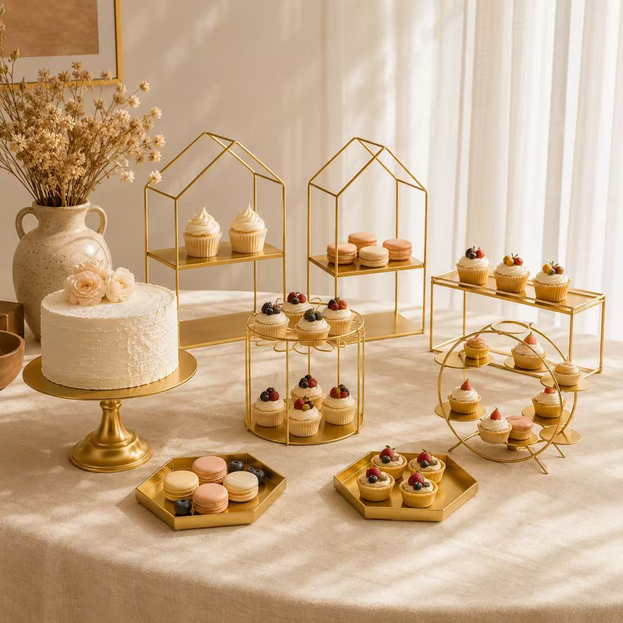 8-Piece Gold Cake Stand Set | Modern Geometric Dessert Table Display for Weddings & Parties