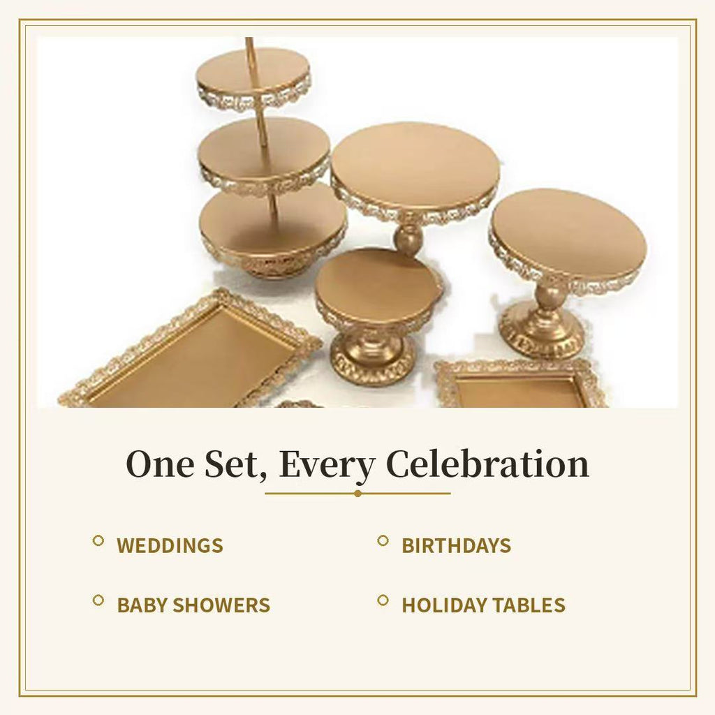 7-Piece Gold Cake Stand Set | Vintage Lace Edge Dessert Table Display for Weddings & Parties