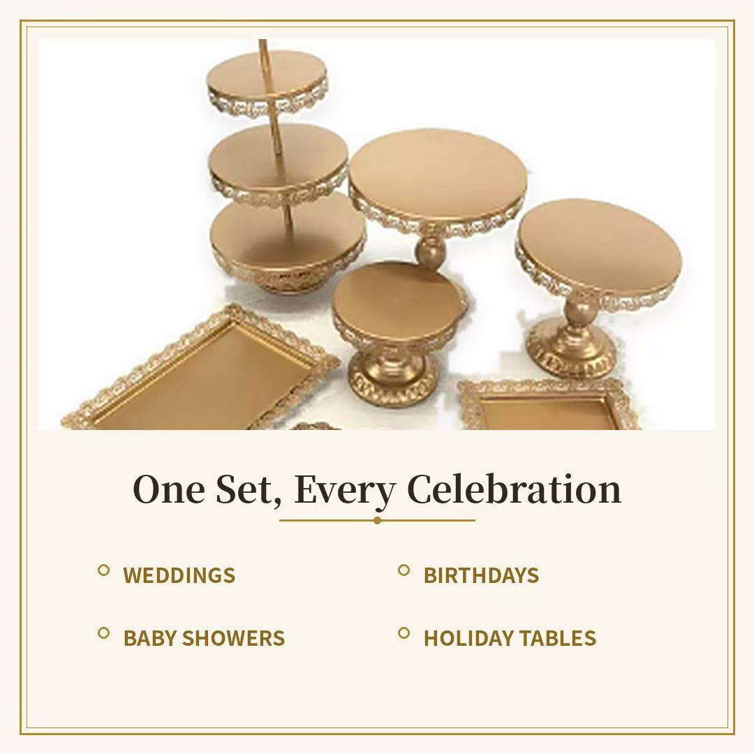 7-Piece Gold Cake Stand Set | Vintage Lace Edge Dessert Table Display for Weddings & Parties